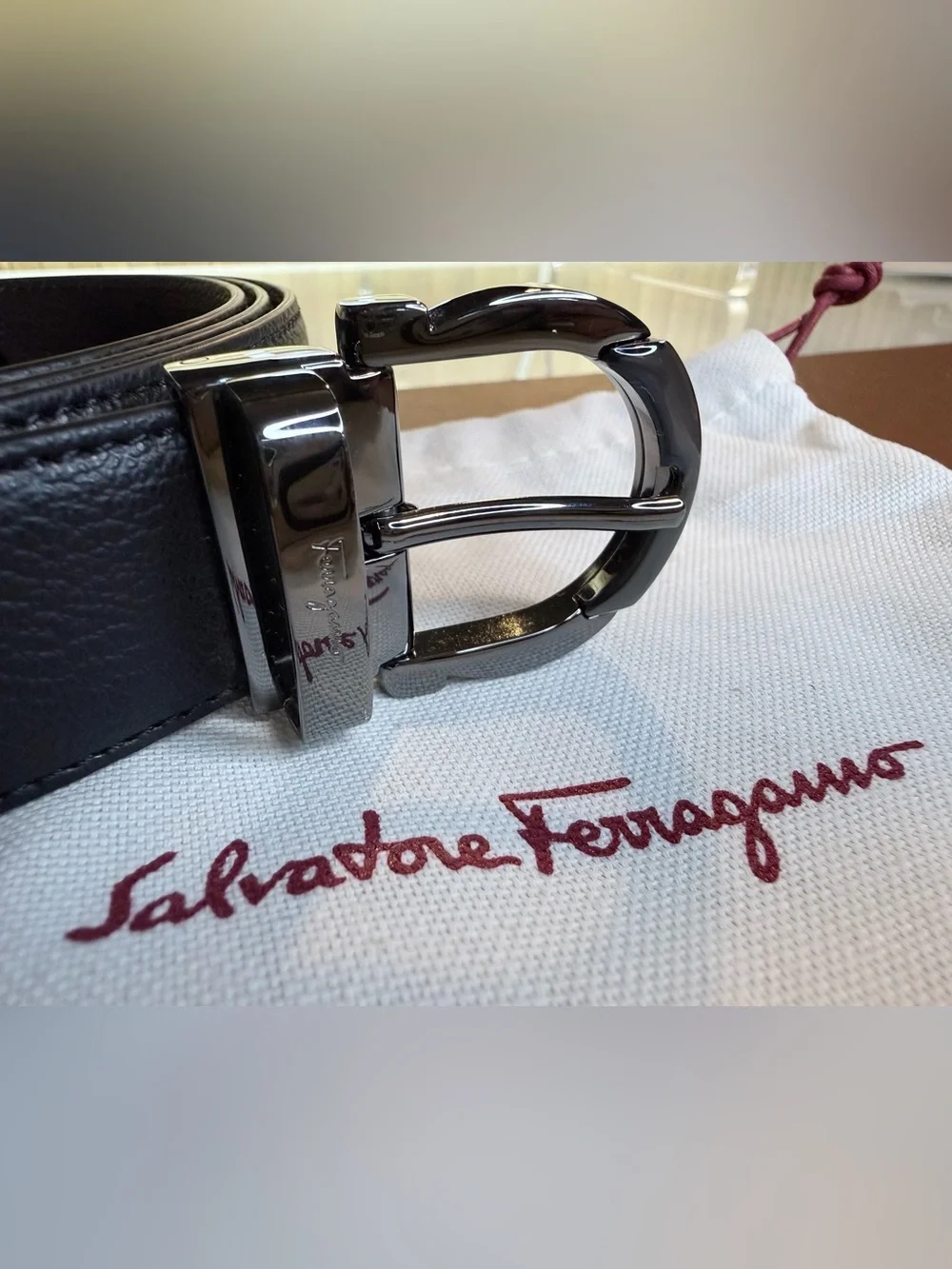 NEW Ferragamo Men's Reversible Belt Black Brown Gancini Buckle + Dust Bag